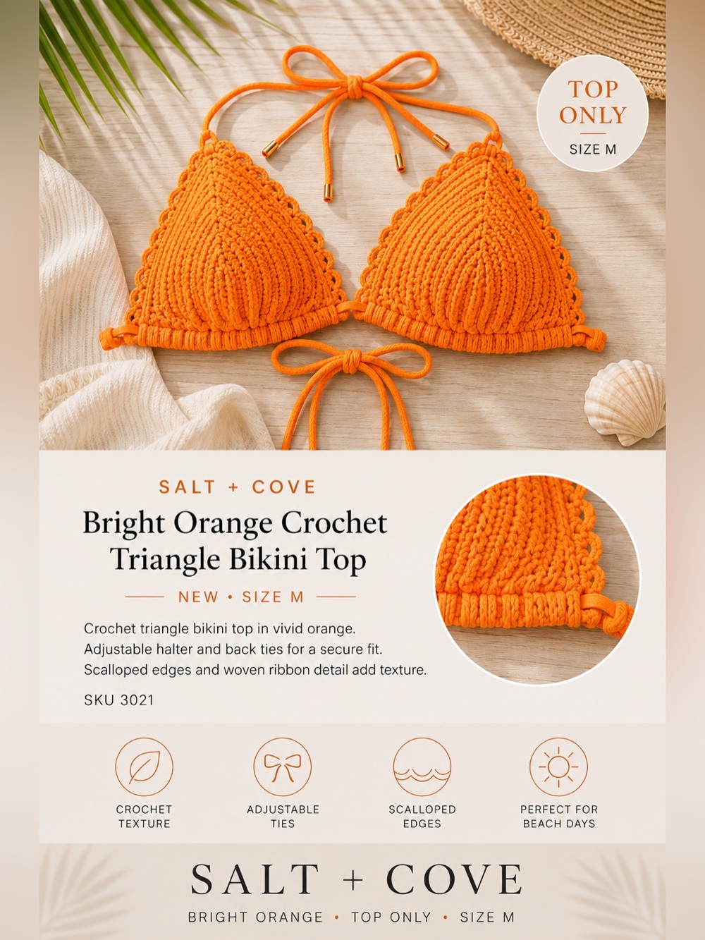 Salt + Cove Bright Orange Crochet Triangle Bikini‎ Top NEW M